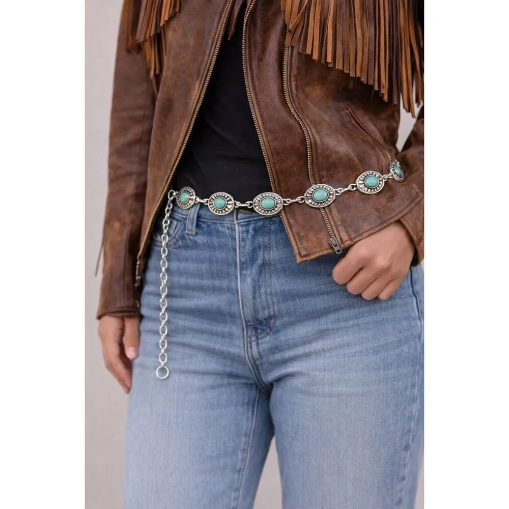 New Western Turquoise Concho Belt Silver Tone Boho Cowgirl Festival Belt 43”